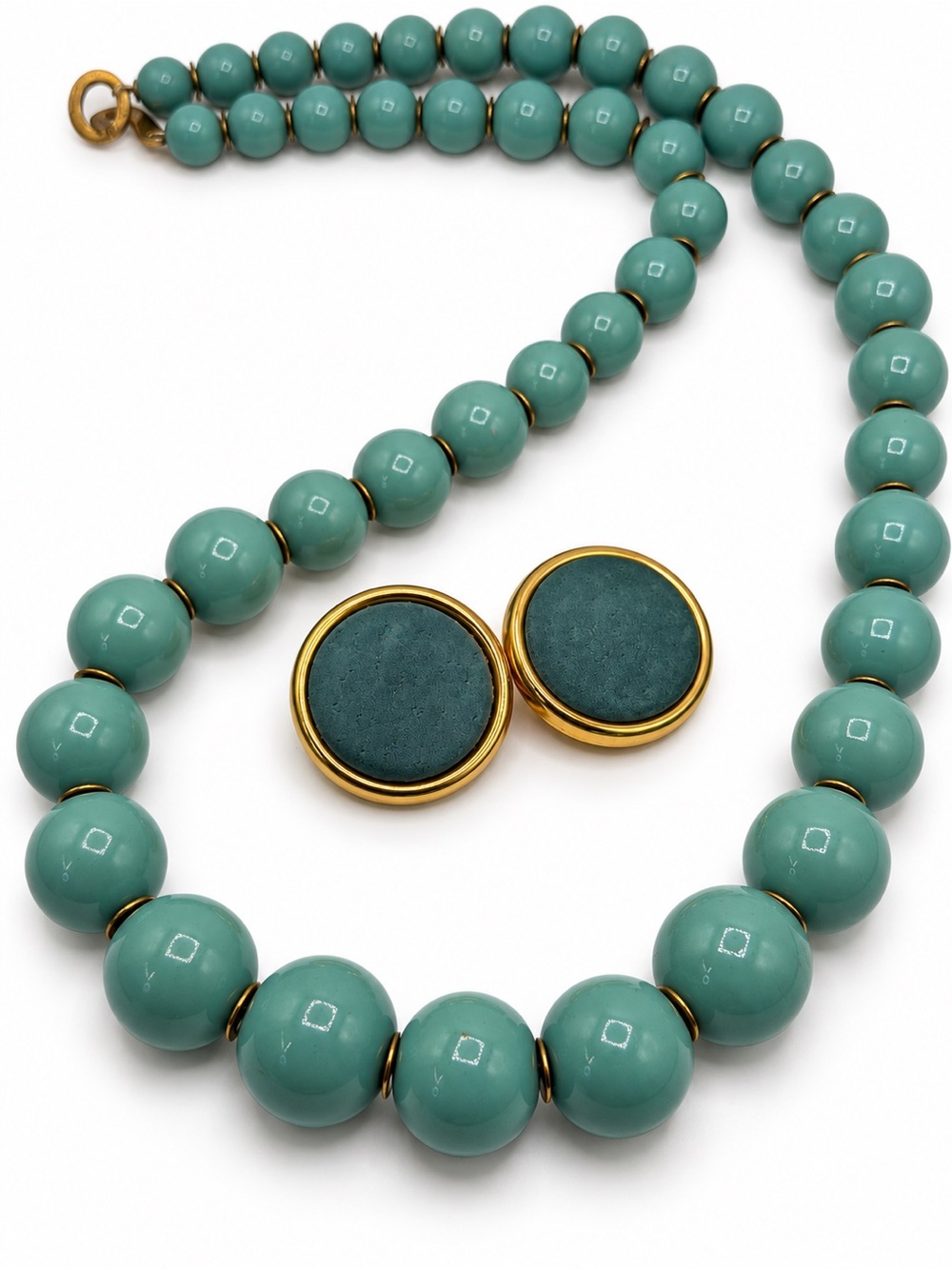 Teal Bead Necklace and Clip-On Earrings Set - Gold Trim